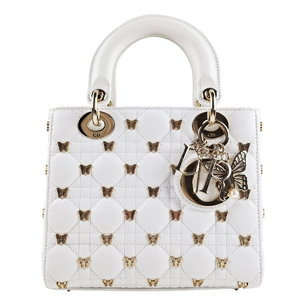 SOLD Dior Small Lady White Cannage Lambskin With Gold-Finish Butterfly Studs - Picture 1 of 13